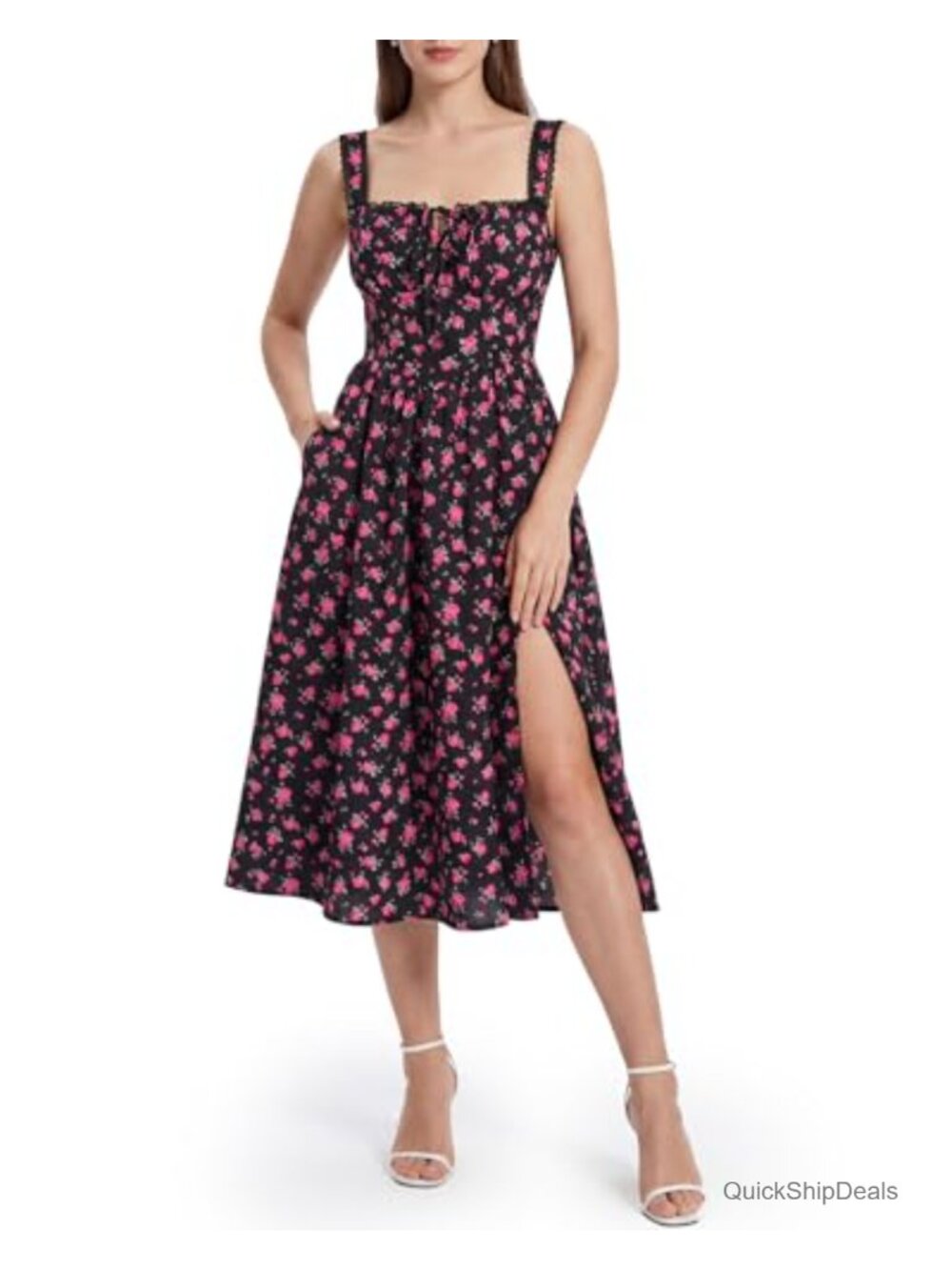 Floral Corset Milkmaid Dress Smocked Square Neck Midi Sundress with Pockets